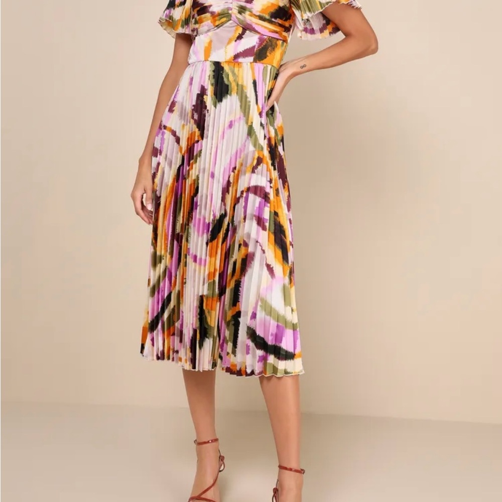 BRAND NEW Lulu's Multicolor Abstract Pleated Midi Dress